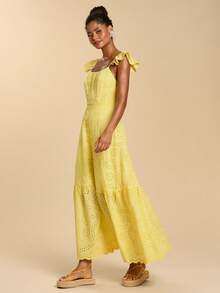Travachic Women's Hollow Embroidery Romantic Vacation Cap Sleeve Dress - Yellow - View 5