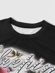 ROMWE MEN 男士圆领天使字母印花水钻休闲日常短袖T恤 - 黑色 - 查看 5