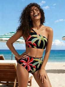 CAJUNI Summer Beach Fashion One Shoulder Bikini Set, Palm Tree Night Scene Print - Multicolor - View 5