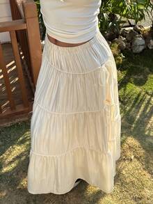 Livesso Chân váy dài trơn màu thường ngày dành cho nữ - Màu be - Xem 4