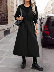 SHEIN LUNE 女士休闲纯色收腰拉链连帽长款风衣