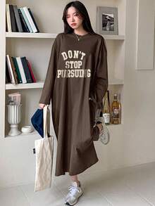DAZY Women's Letter Print Long Loose Long Sleeve Dress, Spring/Summer/Autumn Dress - Brown - View 4