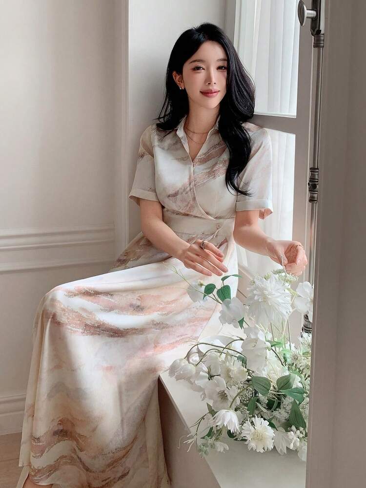 Spring/Summer Elegant Ink Dye Print Long Dress, Suitable For Wedding, Party, Formal Occasions, Commuting Sundress