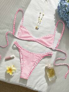 Swim Mod Nuevo conjunto de bikini reversible de dos piezas con estampado floral y a cuadros, Bottom tipo tanga con corte alto, parte superior con acolchado push-up y detalles en contraste, ideal para la playa, la piscina, fiestas de cumpleaños, San Valentín, vacaciones y tomar el sol. - Multicolor - Ver 3