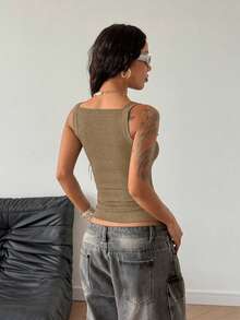 StreetHx Women's Fashionable Solid Color Metal Grommet Ruched Camisole - Mocha Brown - View 2