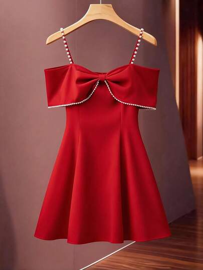 Franclia Women's Elegant Pearl Decorated Party Dress, Red Dress, New Year Dress