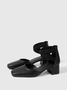 Sleekvia Giày nữ mũi tròn, gót dày, màu đen, kiểu dáng thời trang, khoét rỗng, quai co giãn, thanh lịch, đa năng, thoải mái, phù hợp cho công sở. - Than chì đen - Xem 10