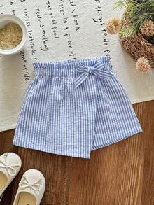 SHEIN LMoss Kids 女婴编织条纹纸袋腰短裤，带蝴蝶结装饰，夏季，女婴夏季服装裙，女婴短裤裙，条纹女婴短裤，蓝色女婴短裤，女婴格子短裤 - 彩色 - 查看 6