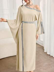 Al Najma Women's Elegant Arabic Style Asymmetric Collar Split Long Sleeve Dress With Woven Trim - Apricot - View 4