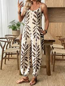 Selamara Women's Vacation Plant Print Pocketed Drawstring Jumpsuit - Beige - View 1