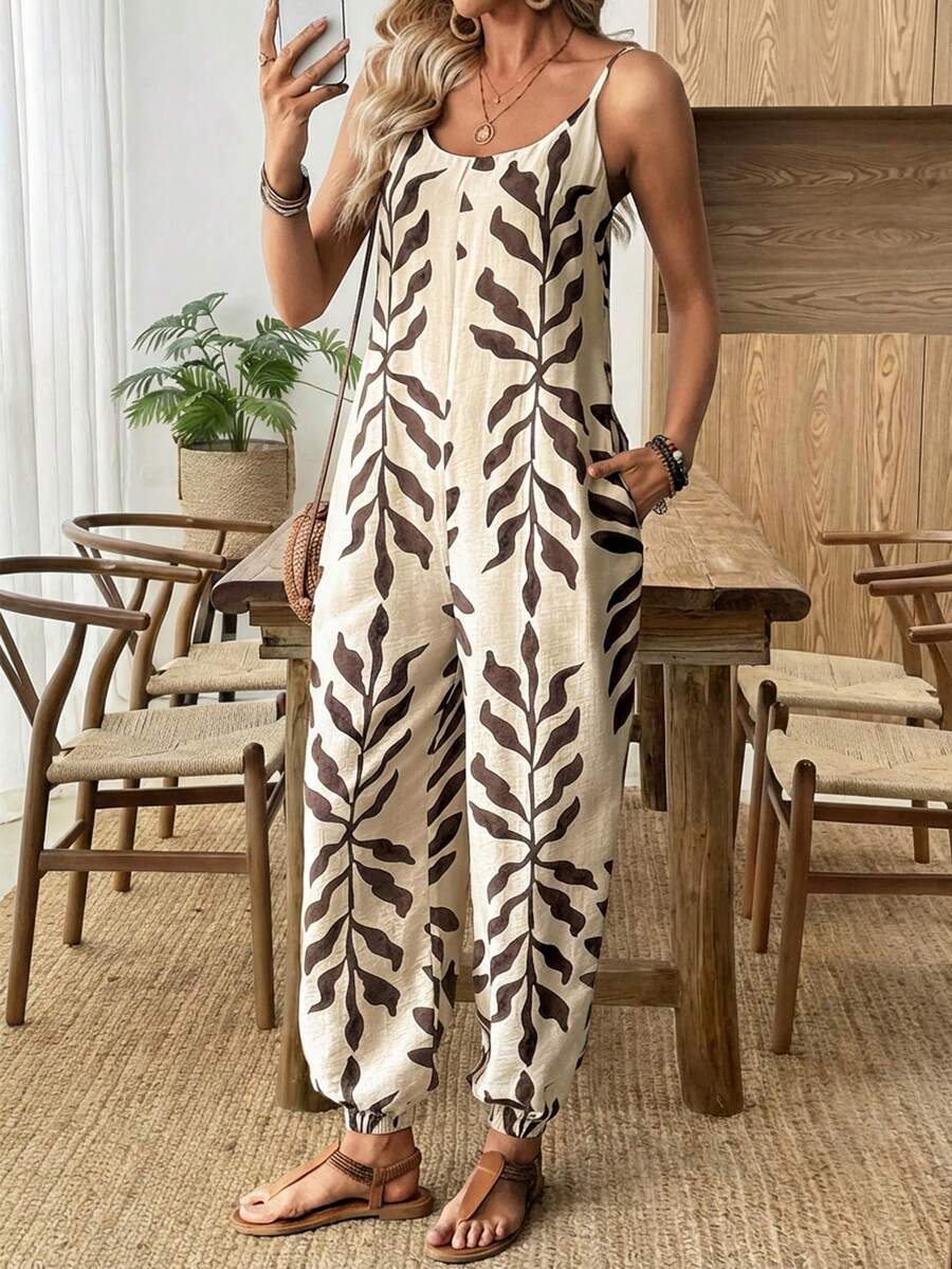 Selamara Women's Vacation Plant Print Pocketed Drawstring Jumpsuit - Beige - View 1