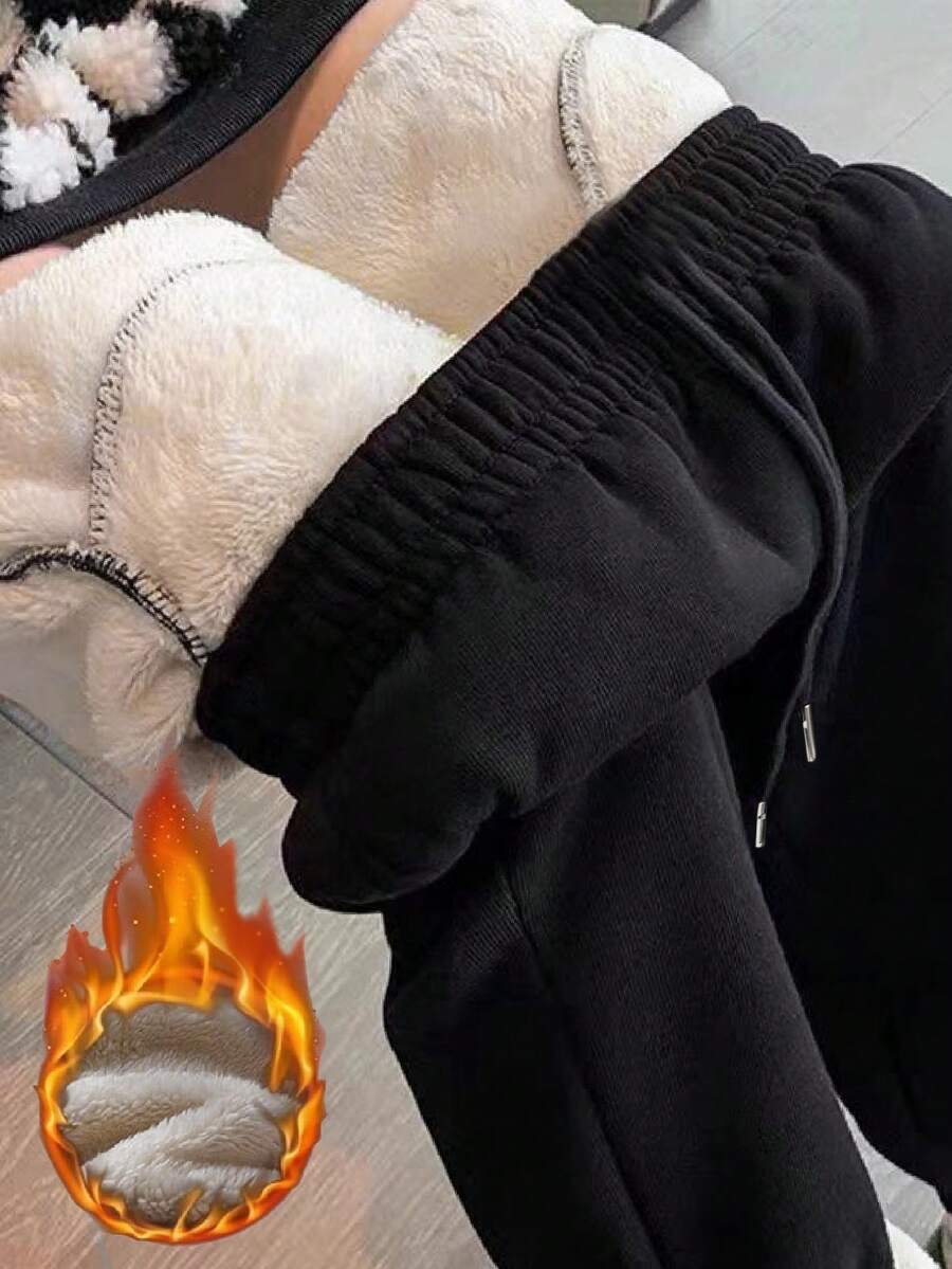 INAWLY New Autumn/Winter Thermal Lined Casual Jogger Pants, Grey - Black - View 1