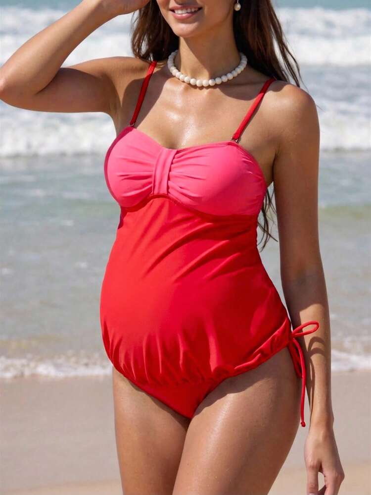 Maternity Ruched Detail Drawstring Side Cami Top And Triangle Panties Two Pieces Swimwear Valentine Summer