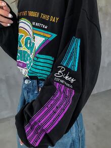 FRIFUL Women's Crew Neck Long Sleeve Loose Cotton T-Shirt With Large Bright Graphic Print, Suitable From Spring To Summer - Black - View 2