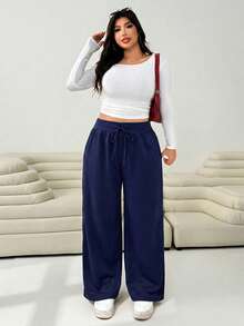 Solflare Plus Size Women Blue Solid Color Loose Drawstring Pants, Autumn/Winter - Blue - View 5