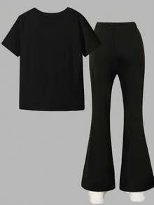 Tween Girl K-Pop Graphic Print Casual Comfortable Black Short Sleeve T-Shirt & Black Flare Pants Set, Suitable For All Seasons, Daily Wear, Outdoor Activities - Black - View 3
