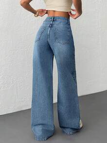 EURMUSE Women High Waist Plus Size Denim Shorts - Blue - View 2