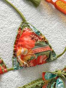 Soleia 复古彩色豹纹、斑马纹、花卉印花荷叶边系带流苏装饰沙滩比基尼套装（女士款） - 彩色 - 查看 4