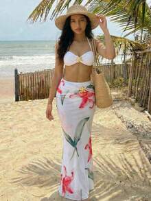 SHEIN 少女百合花图案比基尼，沙滩三件套，度假