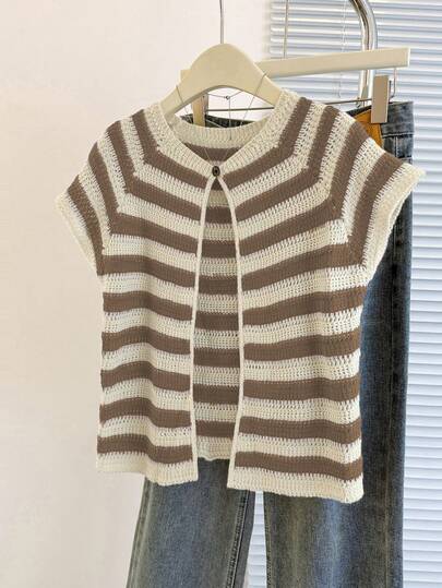 Franclia New Unique Striped Round Neck Cardigan, Versatile & Slimming Design For Women Vintage Tops For Women Knit Top For Women Earthy Tops Knit Tops Sweater Vest