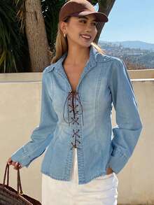 DAZY Áo sơ mi denim nữ tay dài cổ bẻ, thắt eo, kiểu dáng độc đáo, chất liệu denim. - Rửa trung bình - Xem 4