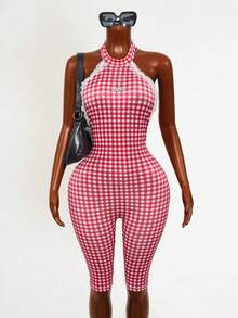 Mistrie Women's Plaid Lace Trim Fitted Jumpsuit - Red and White - View 1