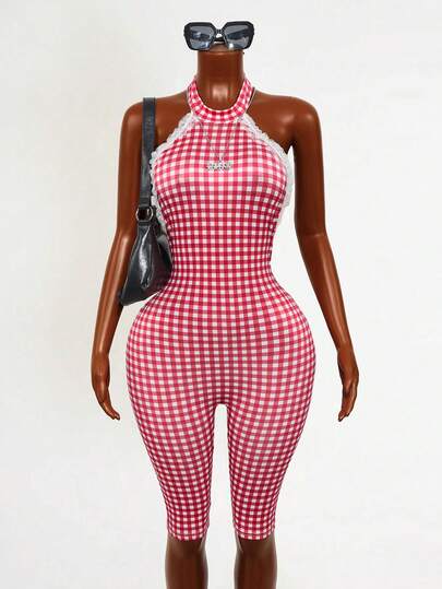 Mistrie Women's Plaid Lace Trim Fitted Jumpsuit