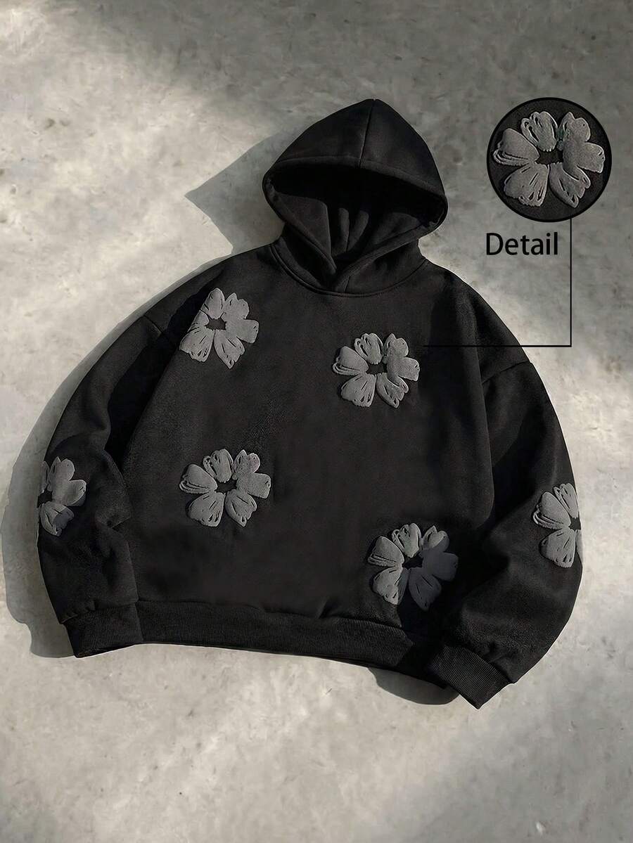 SWAVVY Men's Casual Loose Fit Pullover Hoodie With All-Over Graphic Print, Black, Spring/Autumn, Going Out,Streetwear Flower Hoodie Black Graphic Hoodies Y2k Hoodie Men - Black - View 1