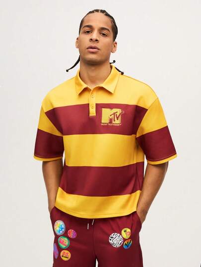 MTV | SHEIN 男士休闲通勤时尚条纹短袖Polo衫和抽绳腰工装裤套装，春夏秋季