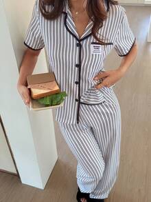 Napfluff 新款条纹短袖长裤女士睡衣套装 - 黑與白 - 查看 2