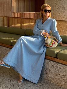 Livesso Puff Sleeve V-Neck Waist Cinched Vacation Denim Dress For Women - Blue - View 3