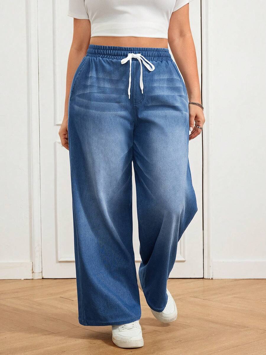 SHEIN CURVE+ 大码女式抽绳腰阔腿宽松休闲百搭牛仔裤 - 藍色 - 查看 1