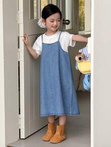 DAZY Young Girl' Spaghetti Strap Korean Style Flared Denim Dress - Blue - View 5
