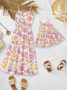 1件女婴6个月-2-3岁碎花彩色图案无袖撞色连衣裙，轻薄面料，清新风格吊带裙，适合春夏外出穿着 - 彩色 - 查看 4