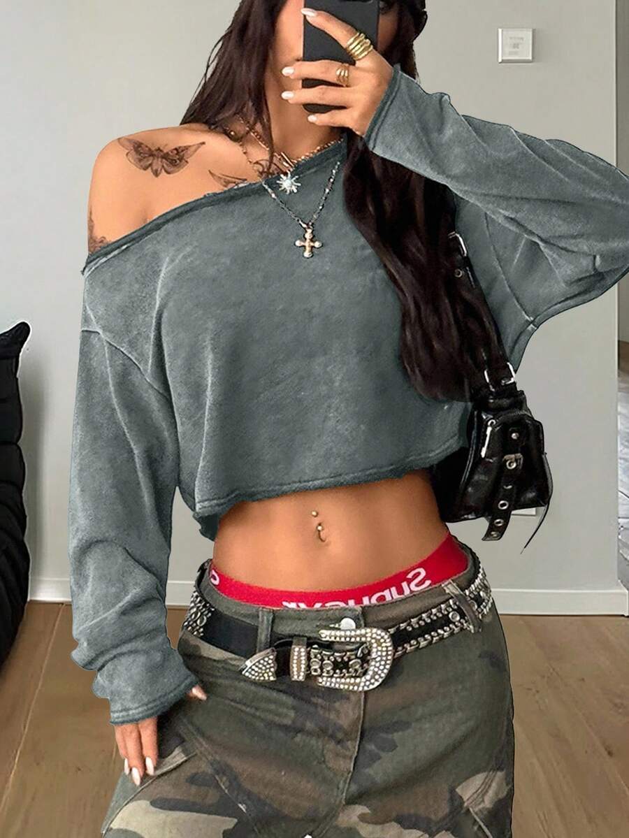 Coolane 男女秋冬街头风返校季颓废风纯棉舒适水洗黑色宽松不对称领长袖T恤 - 軍綠色 - 查看 1