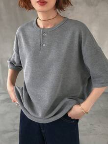 FRIFUL 女士休闲日常通勤简约纯色纹理面料半开襟宽松T恤，夏季 - 灰色 - 查看 8