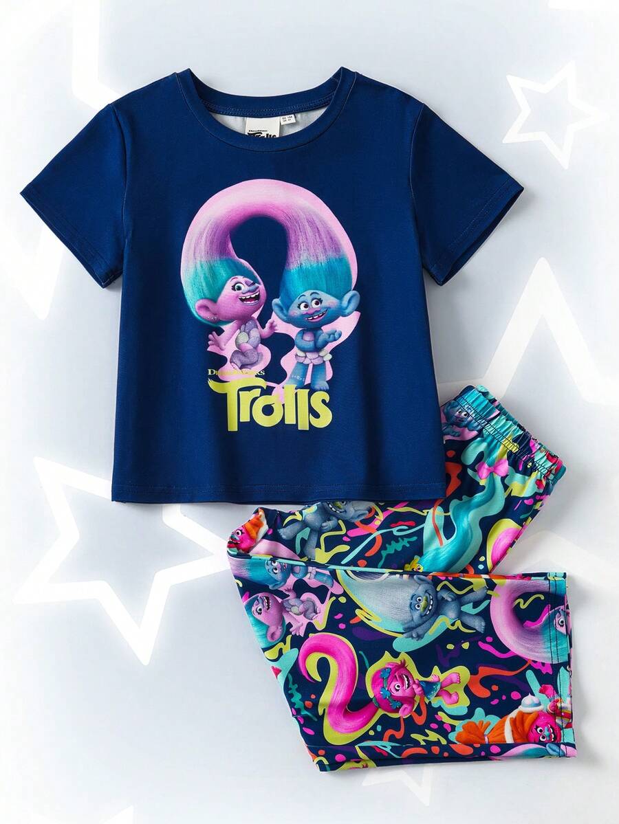 SHEIN Trolls 2pcs/Set Young Girl Casual Cartoon Letter Print Round Neck Short Sleeve Top And Pants Comfortable Pajama Set - متعدد الألوان - مشاهدة 1