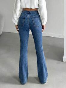 ZIRRA Women's Solid Color Slant Pocket Flare Leg Casual Versatile Jeans - Medium Wash - View 2