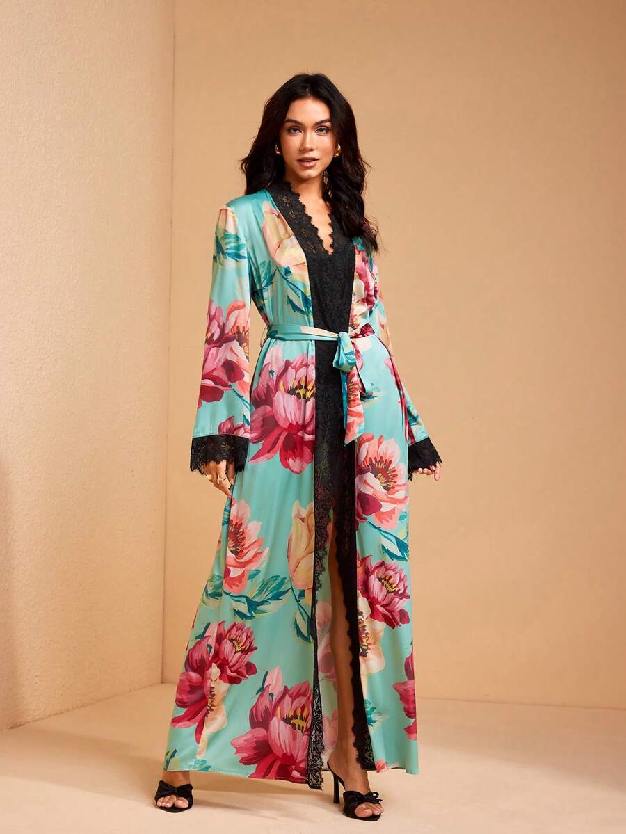 JIAN LASALA 印花缎面丝绸般优雅女士宽松长款睡袍，蕾丝边饰，长喇叭袖 - 彩色 - 查看 1