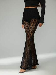 SHEIN Tall Women's Elastic Waist Floral Lace Straight Loose Fashion Pants Bell Bottom Pants See Through Pants Mesh Pants