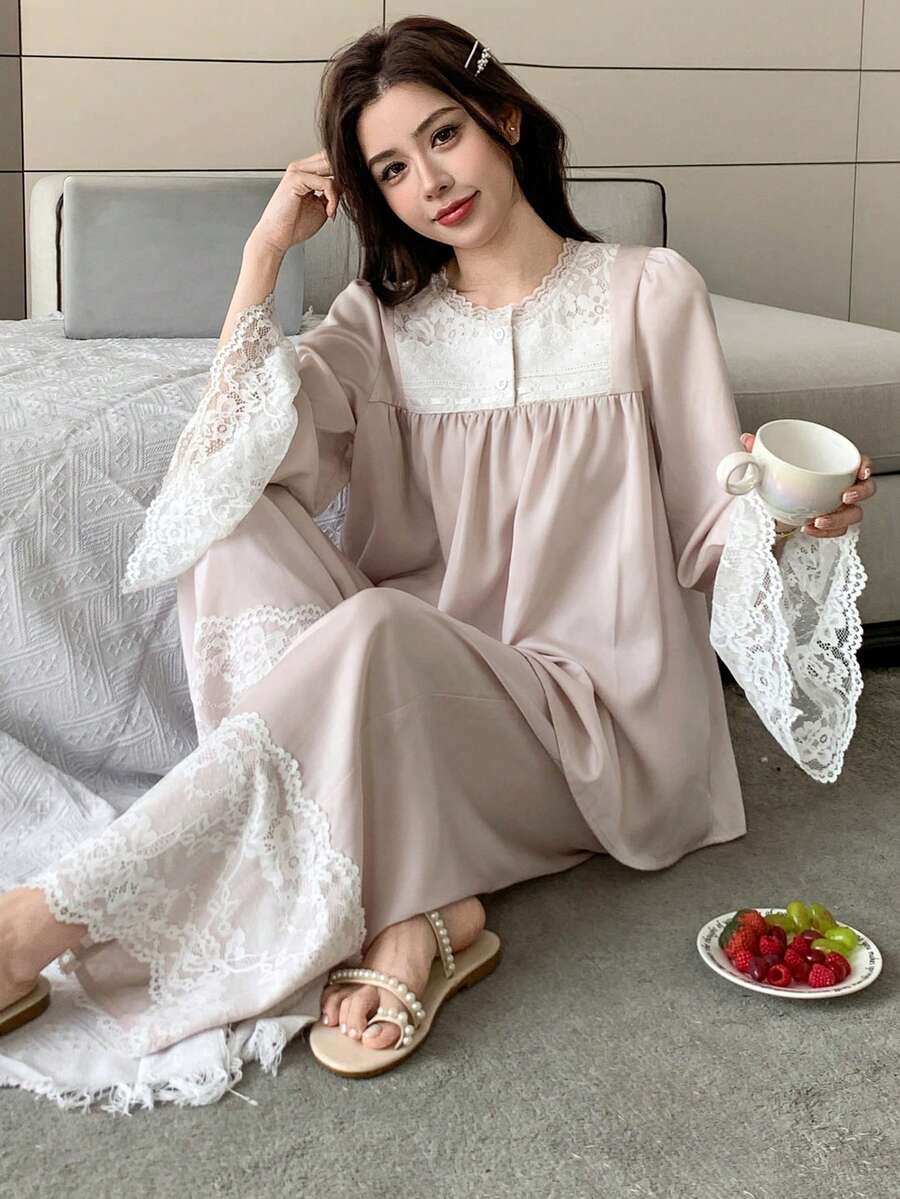 DAZY 优雅缎面蕾丝拼接女士睡衣套装 - 淺粉色 - 查看 1