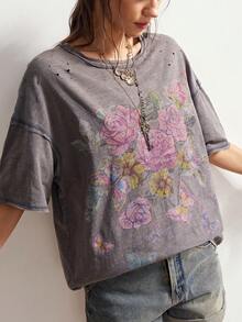 Bohemela Áo thun nữ màu đen trơn, cổ tròn, tay ngắn, dáng rộng, in họa tiết, thích hợp mặc mùa xuân hè, đi nghỉ mát, lễ hội. Áo thun nữ màu đen in hình. - Màu xám đen - Xem 6