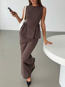 Aloruh Coffee Striped Shirt Top + Straight Leg Pants Elegant Commuter 2 Pieces Set - Coffee Brown - View 6