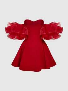 SHEIN MOD 1 chiếc đầm ngắn nữ kiểu dáng cung đình cổ điển, hở vai, thích hợp cho đám cưới mùa thu, dạ hội, phù dâu, lễ hội âm nhạc, hở lưng, năm mới, váy dạ hội, đầm dự tiệc. - Đỏ - Xem 4