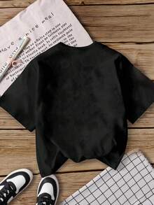 Kpop 女孩图案印花圆领短袖休闲百搭T恤 - 黑色 - 查看 2
