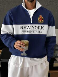 Aesthetic Post Retro Rugby Shirt Men Clothes Half-Zip Pullover Sweatshirt New York City Graphic Pullover Sweatshirt Contrast Color Collar Pullover Sweatshirt For Men Men's Quarter Zip Half Zip Sweatshirt Men Sporty Sweater Men Spring To Summer Tops For Women Shirts For Woman Men Clothes Shirts For Women Oversized T Shirt - Multicolor - View 3