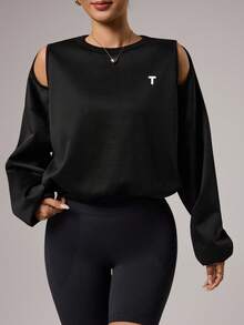 Dewbera Women's Letter Print Off-Shoulder Loose Fit Long Sleeve Sweatshirt - Black - View 1