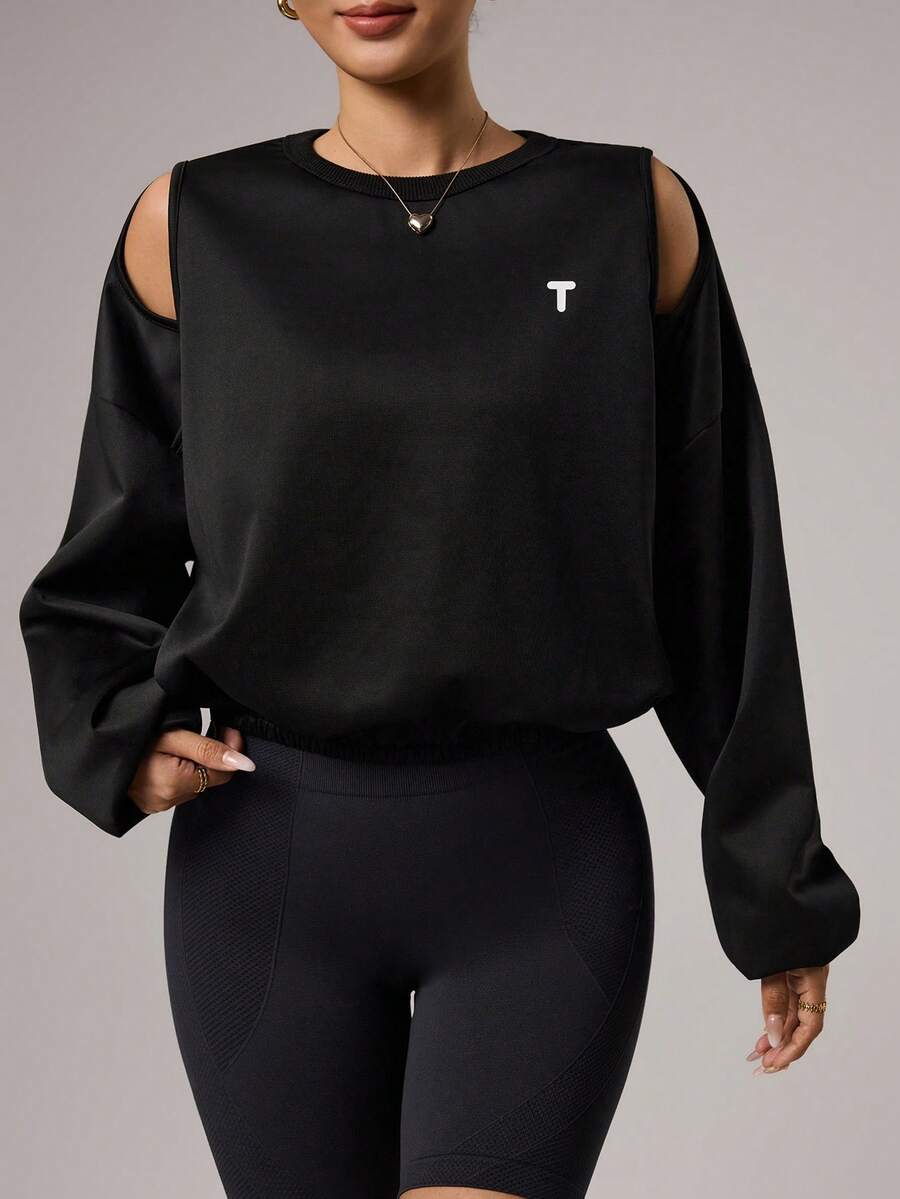 Dewbera Women's Letter Print Off-Shoulder Loose Fit Long Sleeve Sweatshirt - Black - View 1