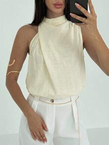 Aloruh Elegant Off-White Wrap-Neck Top,Asymmetrical Ruffle Trim Sleeveless Summer Tops For Women,Effortless Chic Casual Top For Brunch&Vacations - Apricot - View 7