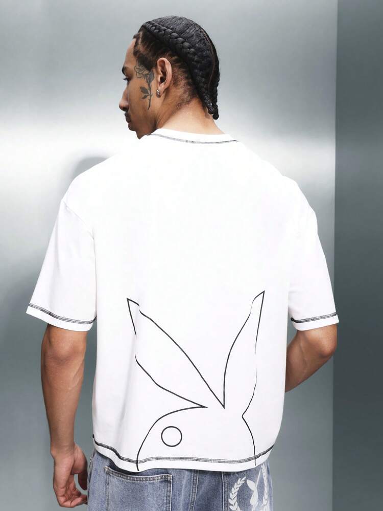PLAYBOY X SUMWON Men Contrast Stitch T-Shirt With Logo Print Short Sleeve Crew Neck Regular Fit Casual Top Spring Summer Style